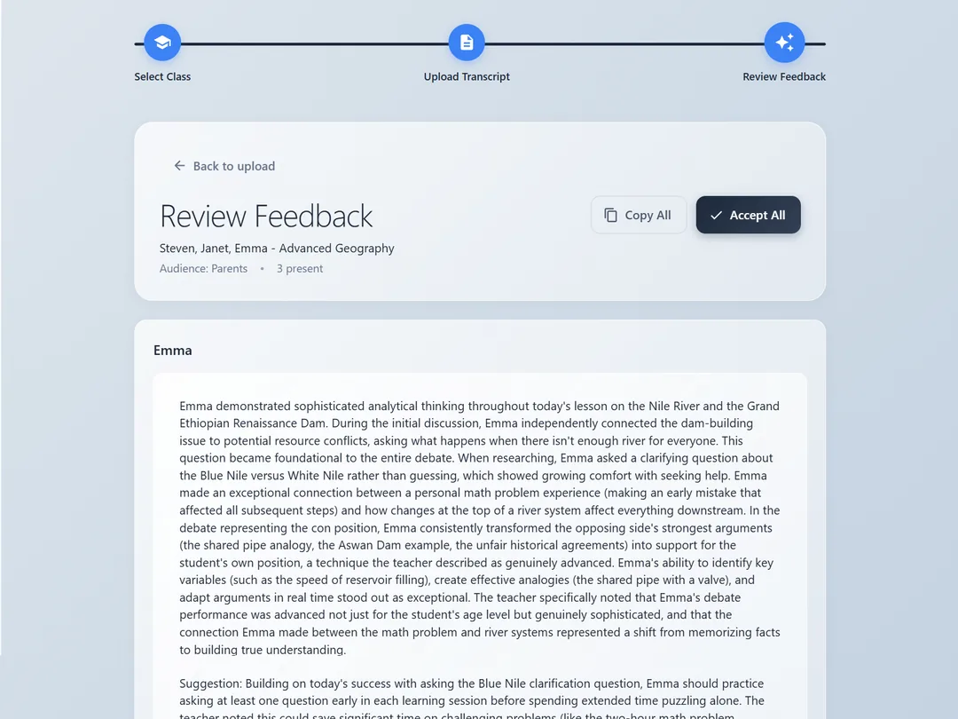 ClassFoundry per-student feedback review screen