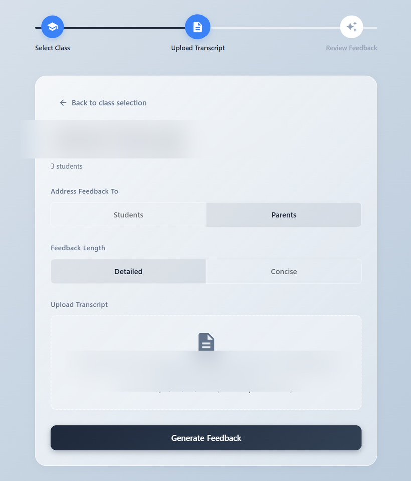 ClassFoundry screen for starting a feedback run from a transcript or recording