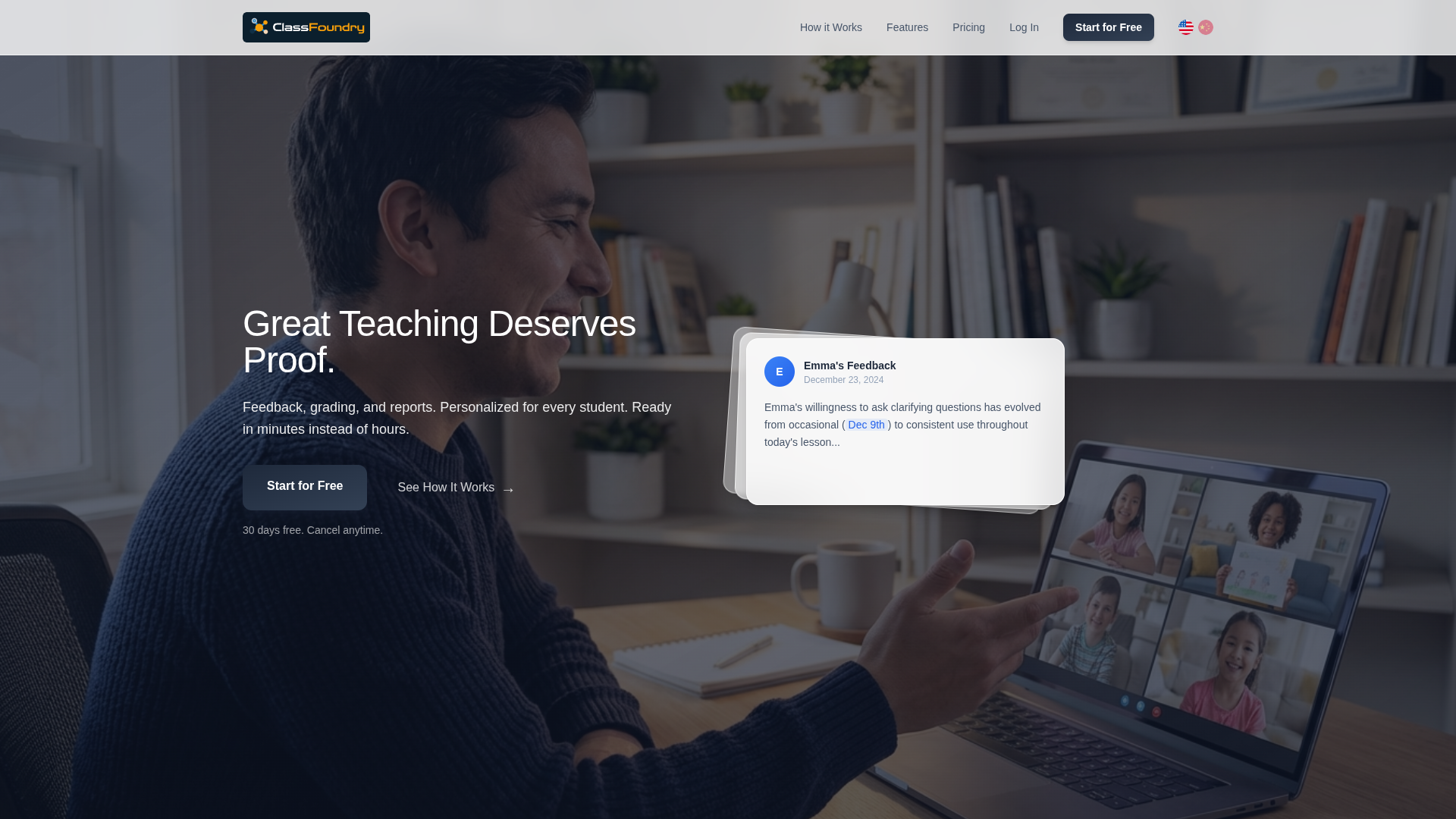 ClassFoundry homepage with a sample student feedback card visible.