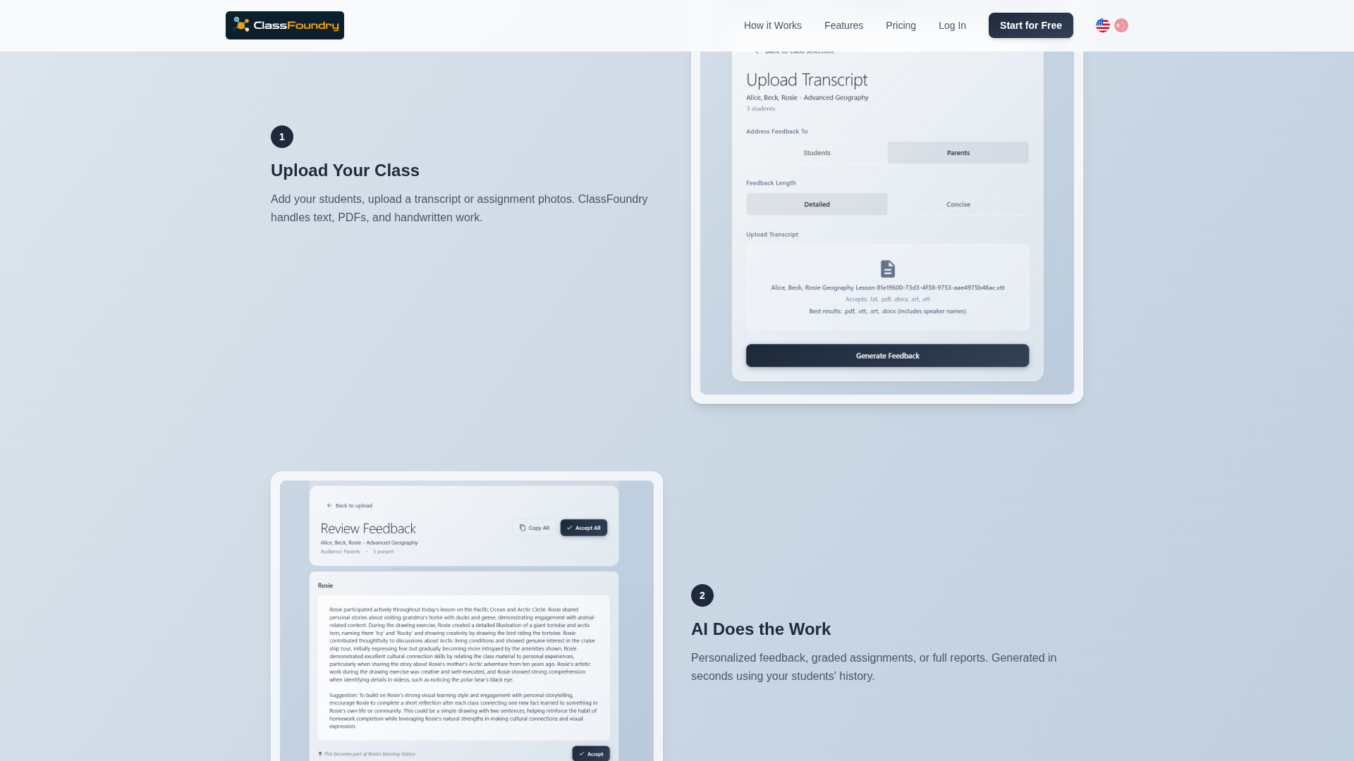 ClassFoundry product UI: transcript upload flow and feedback review screen.