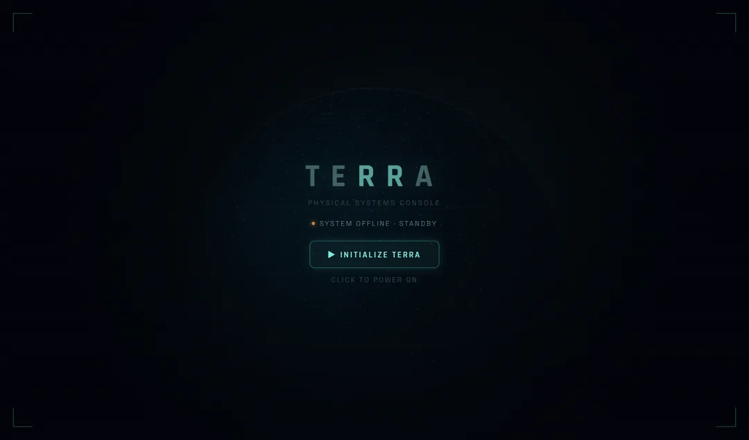 The TERRA console at rest, powered off, showing a faint globe and an initialize prompt