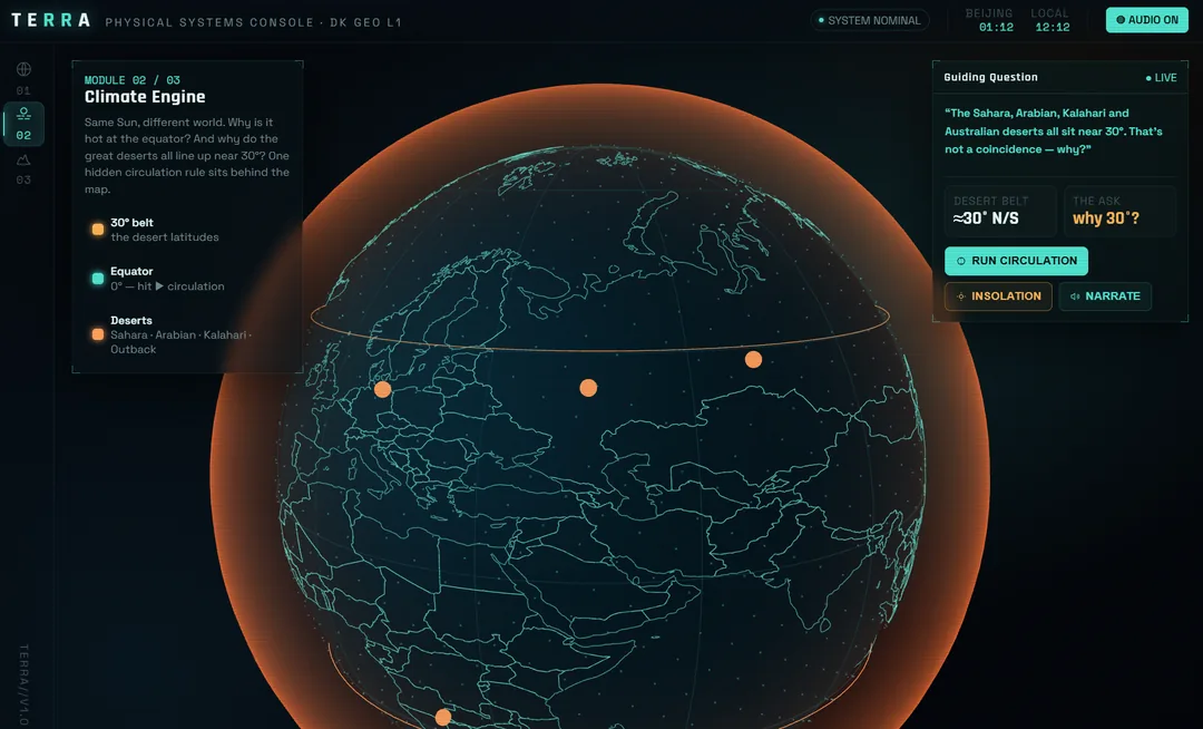 The TERRA console live: a 3D globe under a glass interface with a lesson module panel