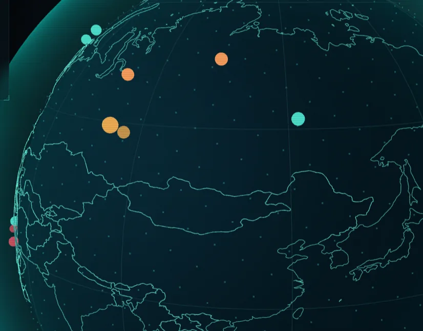 Close view of the TERRA globe with plotted markers and boundaries